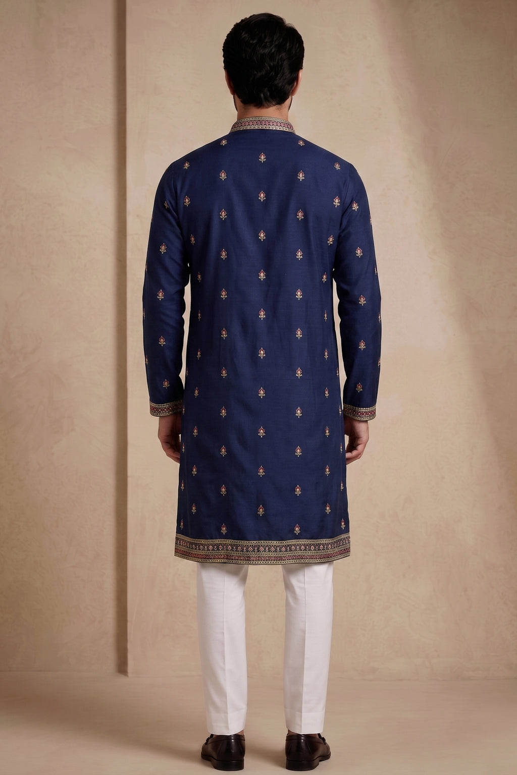 Navy Blue Satin Embroidered Kurta Pajama