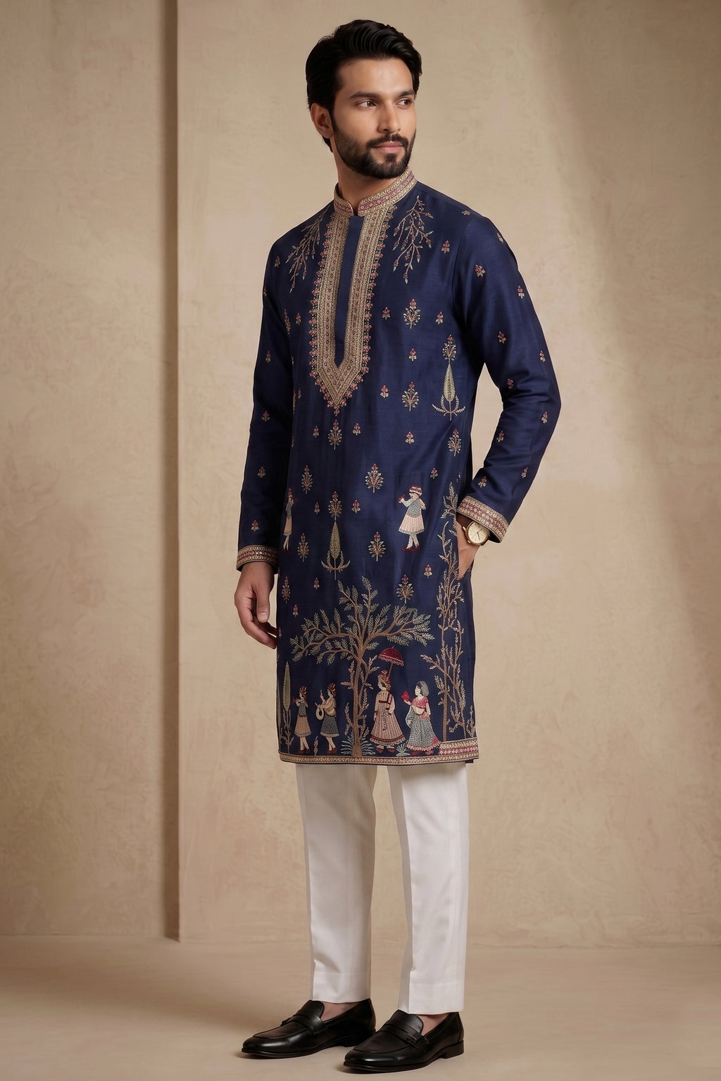 Navy Blue Satin Embroidered Kurta Pajama