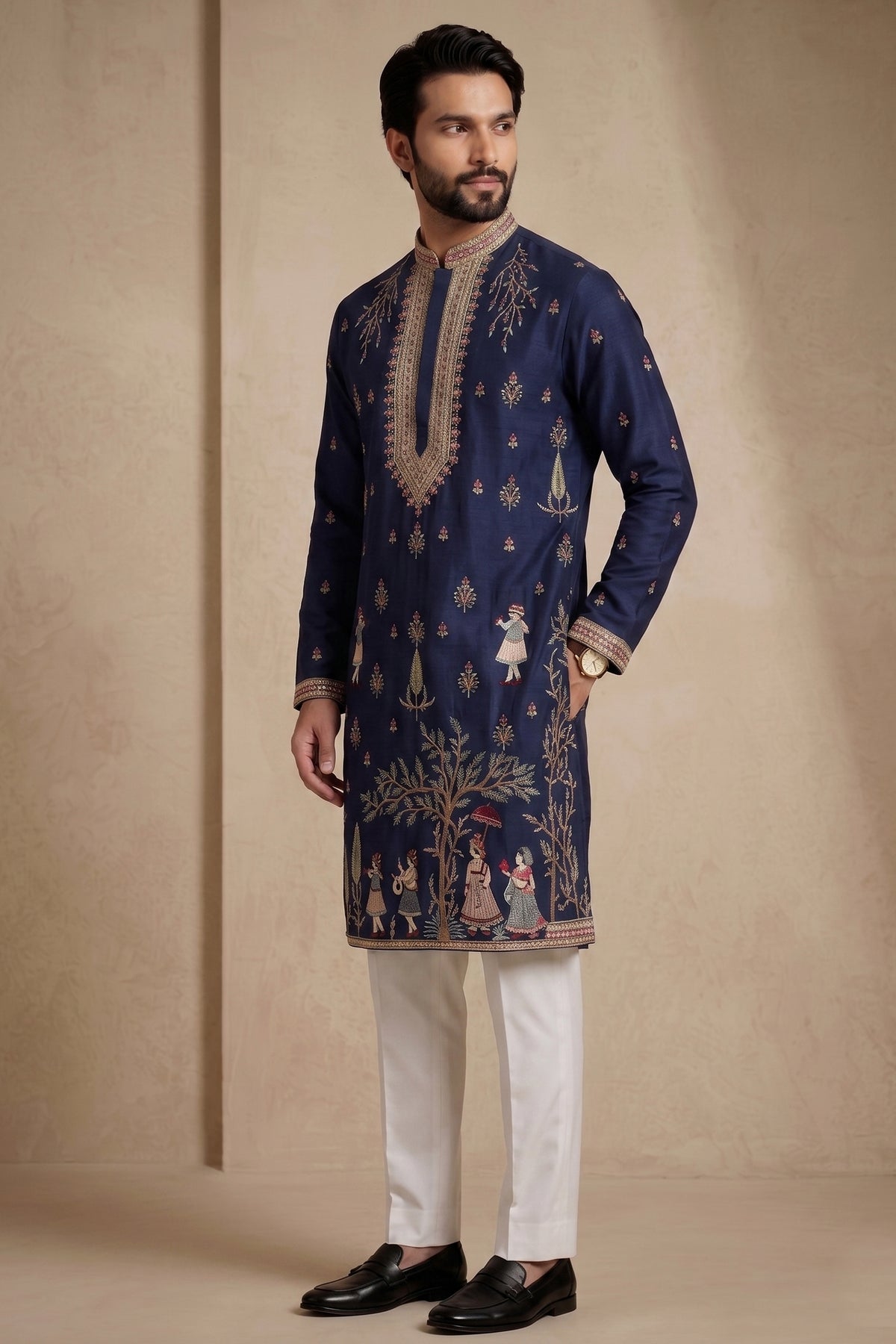 Navy Blue Satin Embroidered Kurta Pajama
