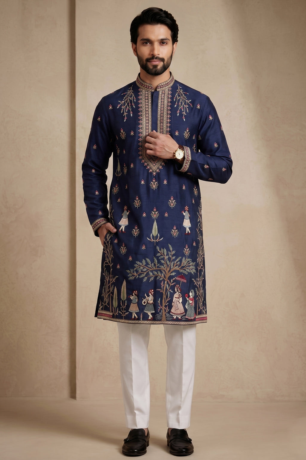 Navy Blue Satin Embroidered Kurta Pajama