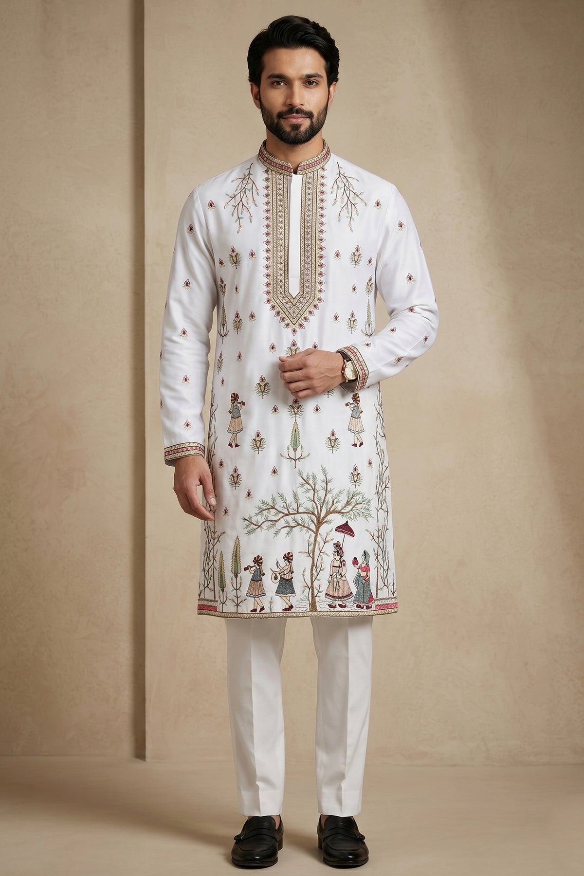 Pearl White Satin Embroidered Kurta Pajama