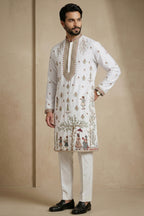 Pearl White Satin Embroidered Kurta Pajama