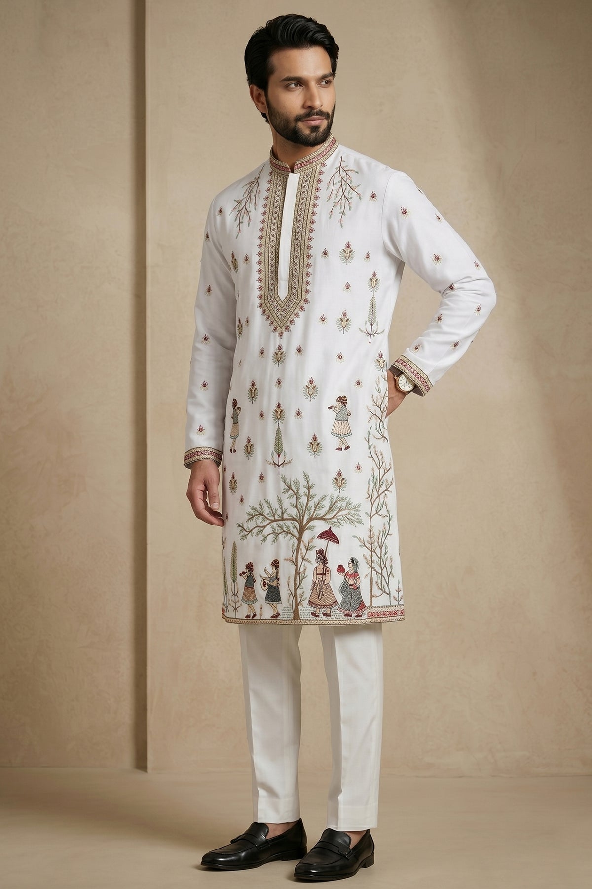 Pearl White Satin Embroidered Kurta Pajama