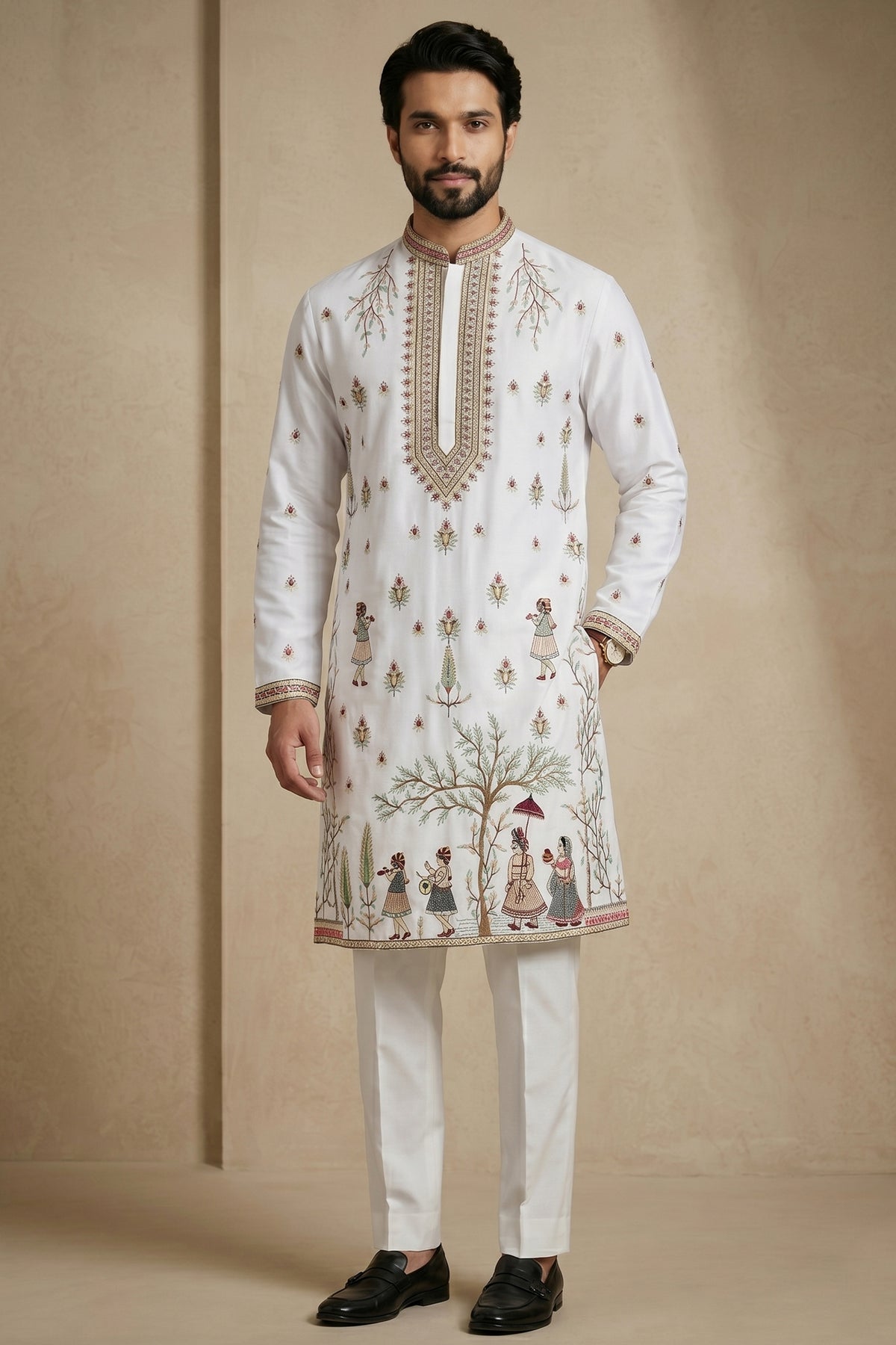 Pearl White Satin Embroidered Kurta Pajama
