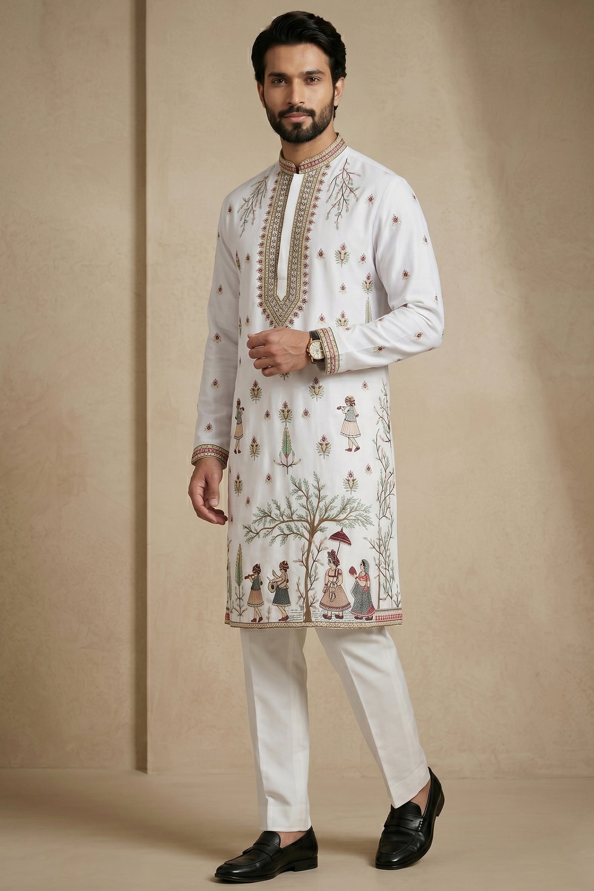 Pearl White Satin Embroidered Kurta Pajama