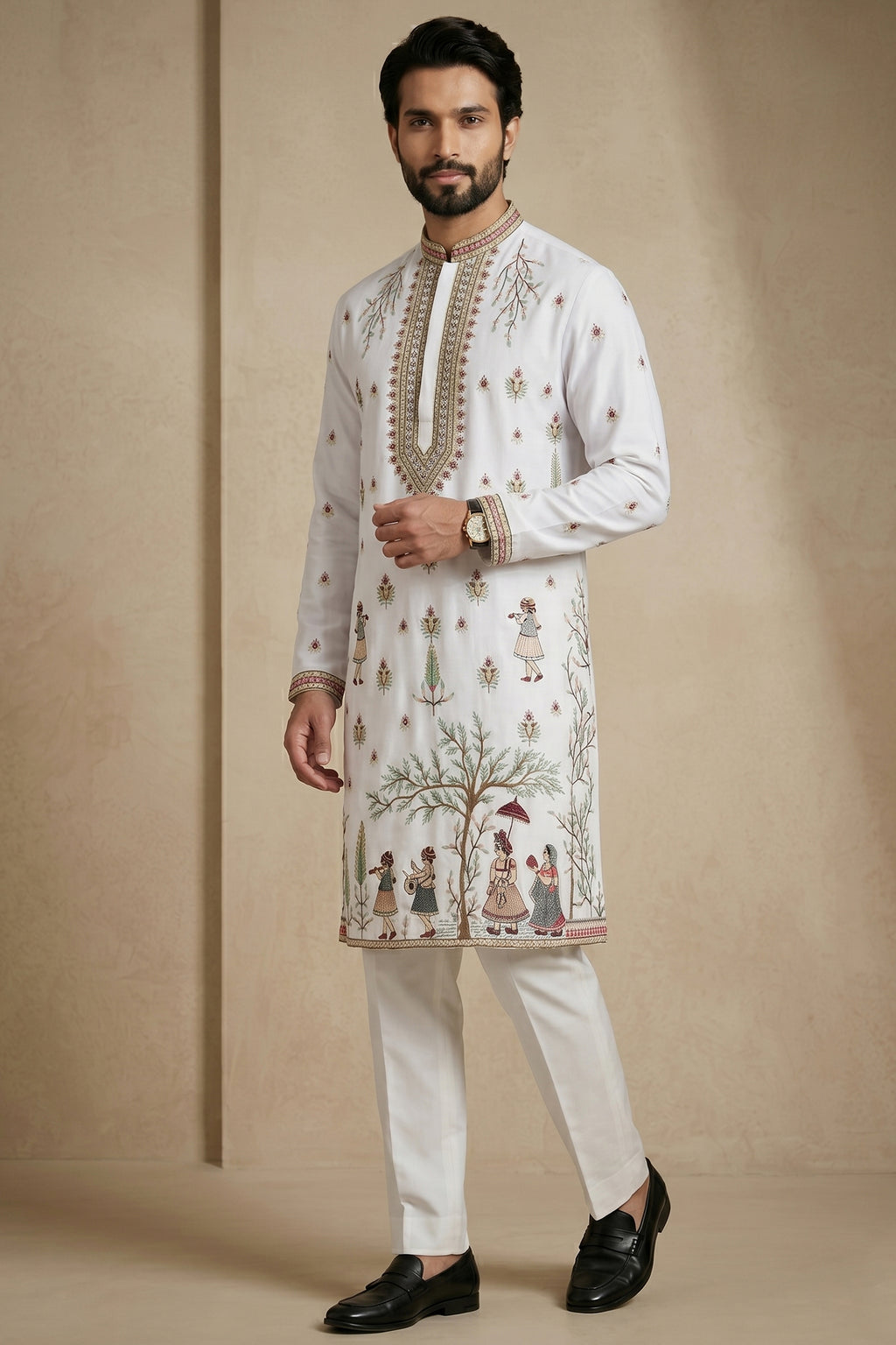 Pearl White Satin Embroidered Kurta Pajama