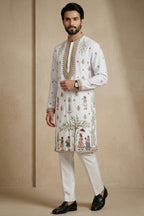 Pearl White Satin Embroidered Kurta Pajama