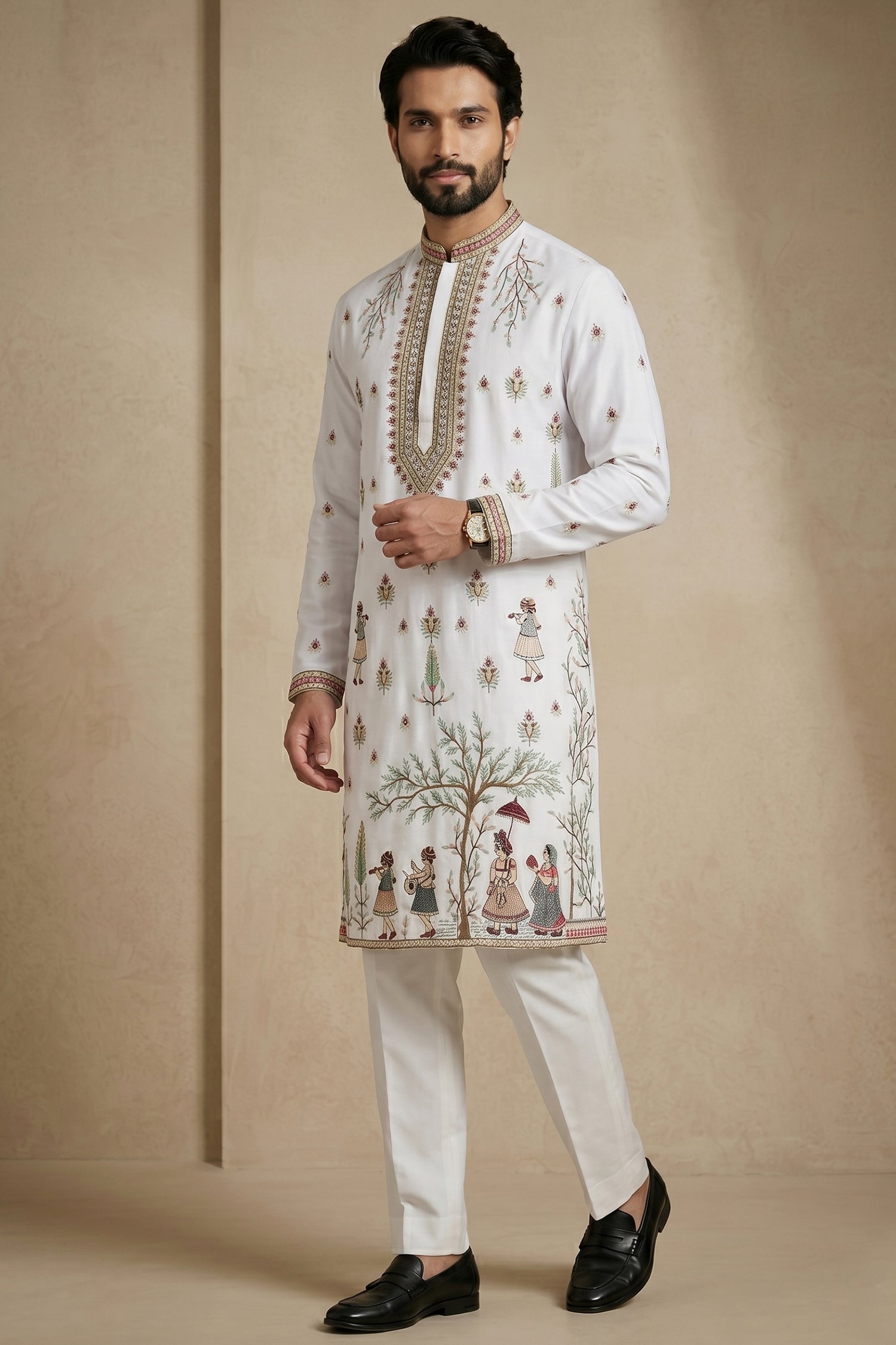 Pearl White Satin Embroidered Kurta Pajama