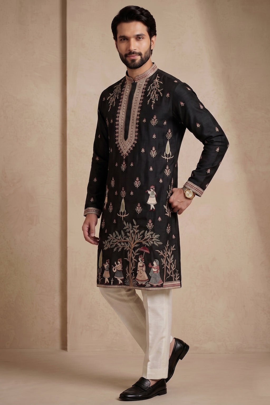 Black Satin Embroidered Kurta Pajama