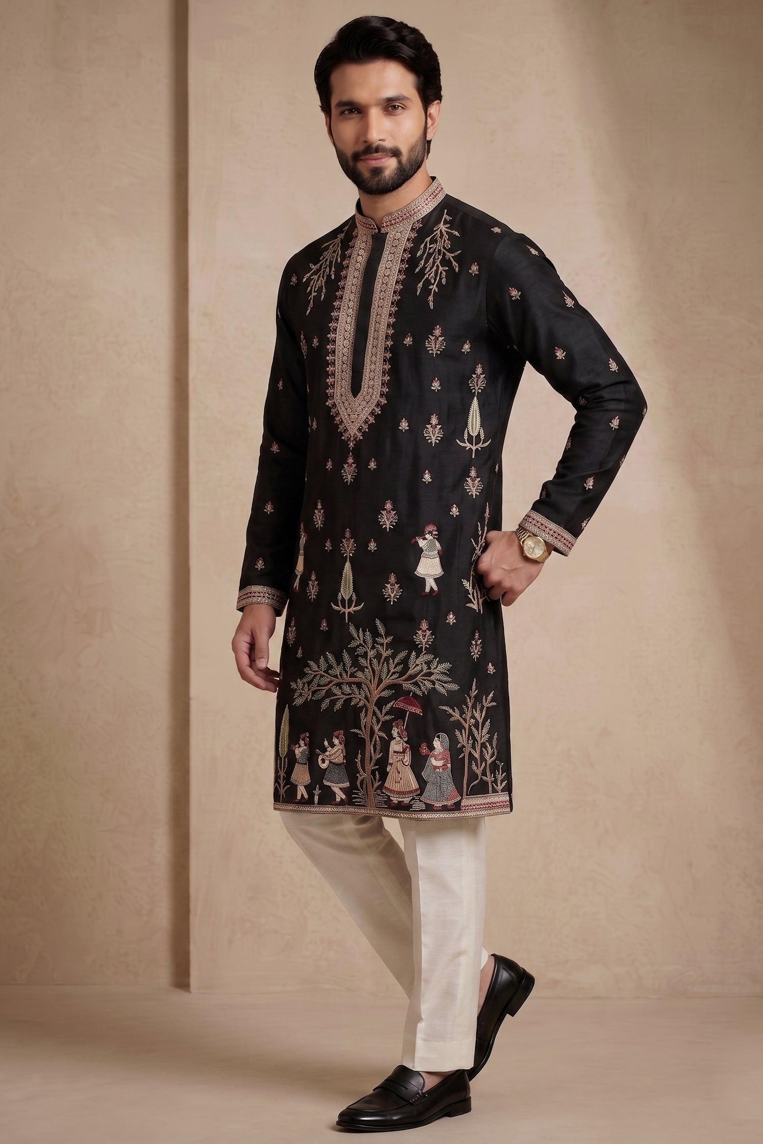 Black Satin Embroidered Kurta Pajama