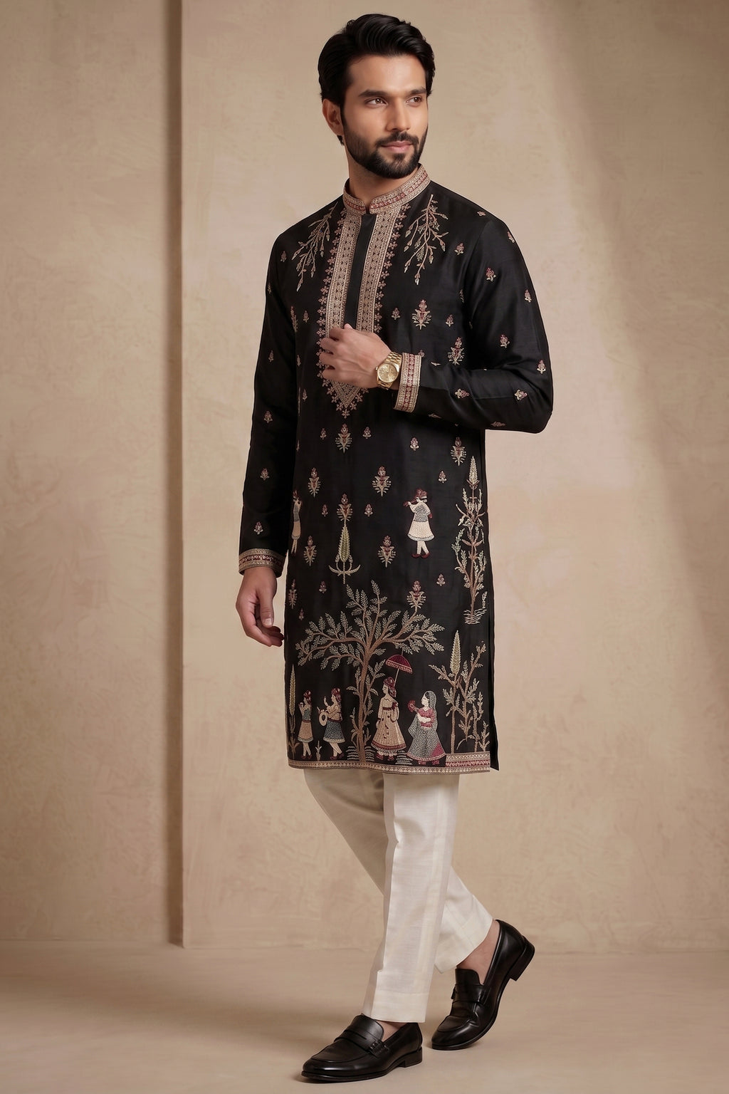 Black Satin Embroidered Kurta Pajama