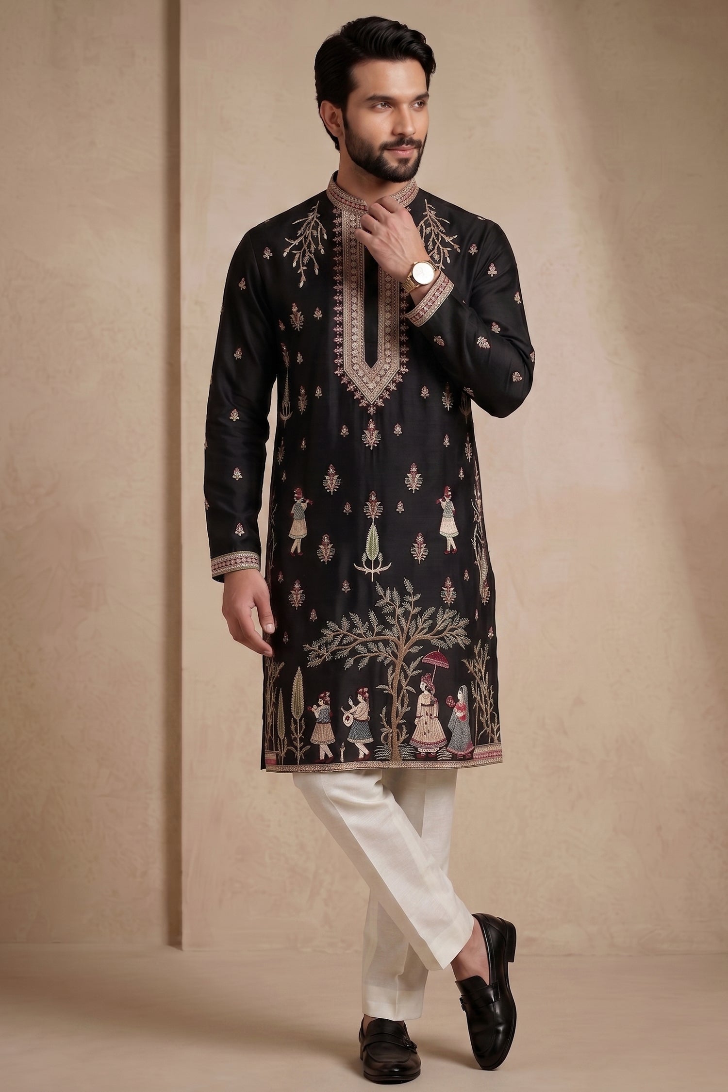 Black Satin Embroidered Kurta Pajama