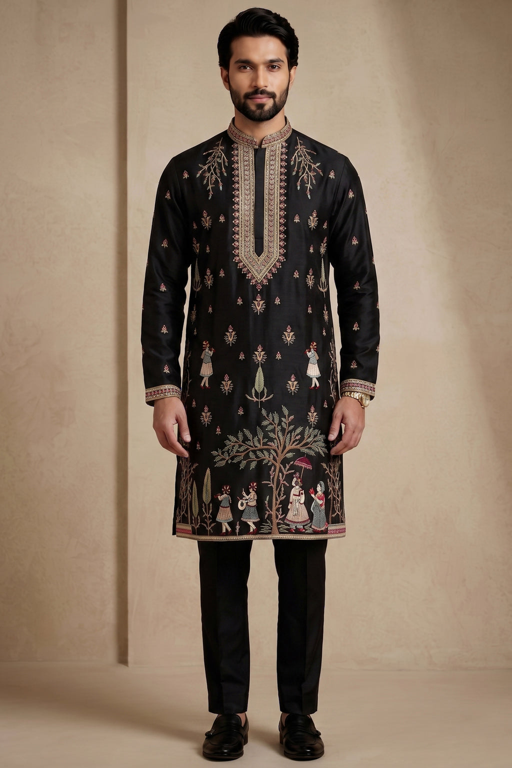 Black Satin Embroidered Kurta Pajama
