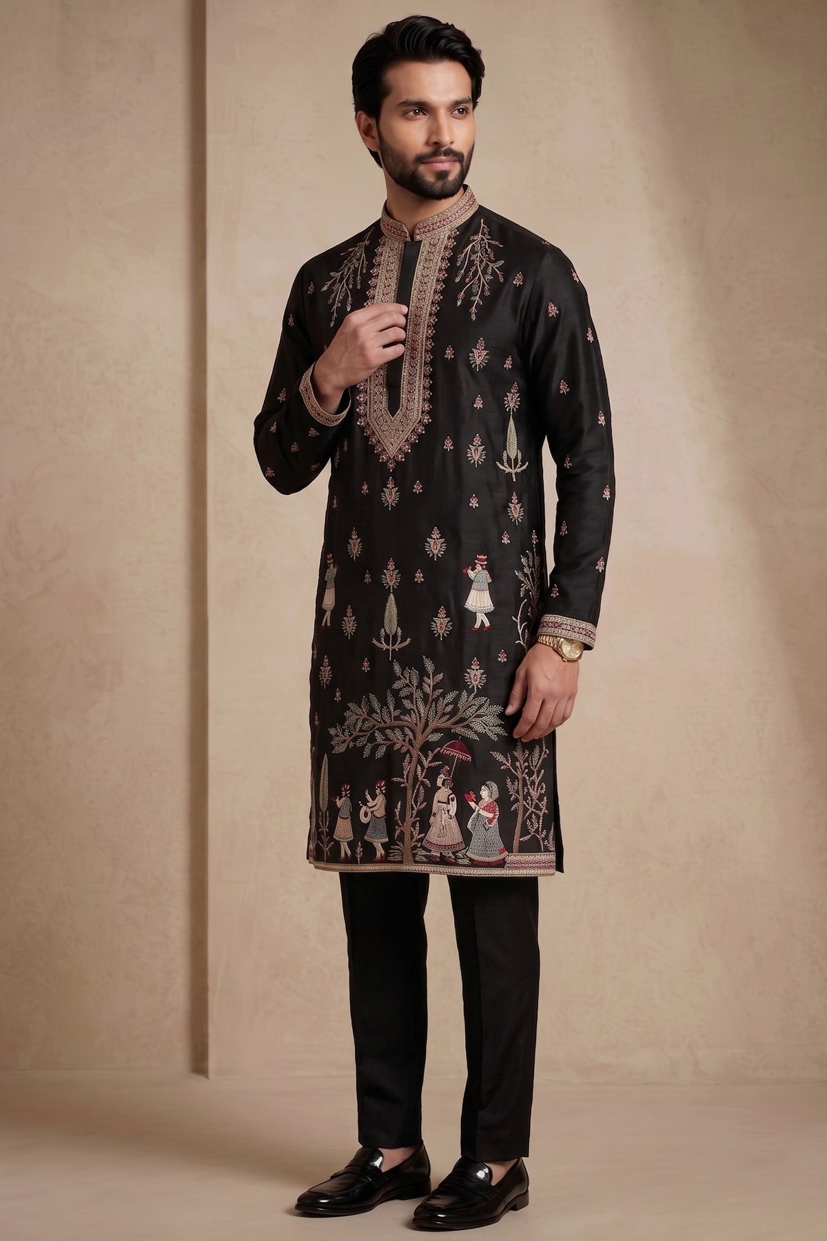 Black Satin Embroidered Kurta Pajama