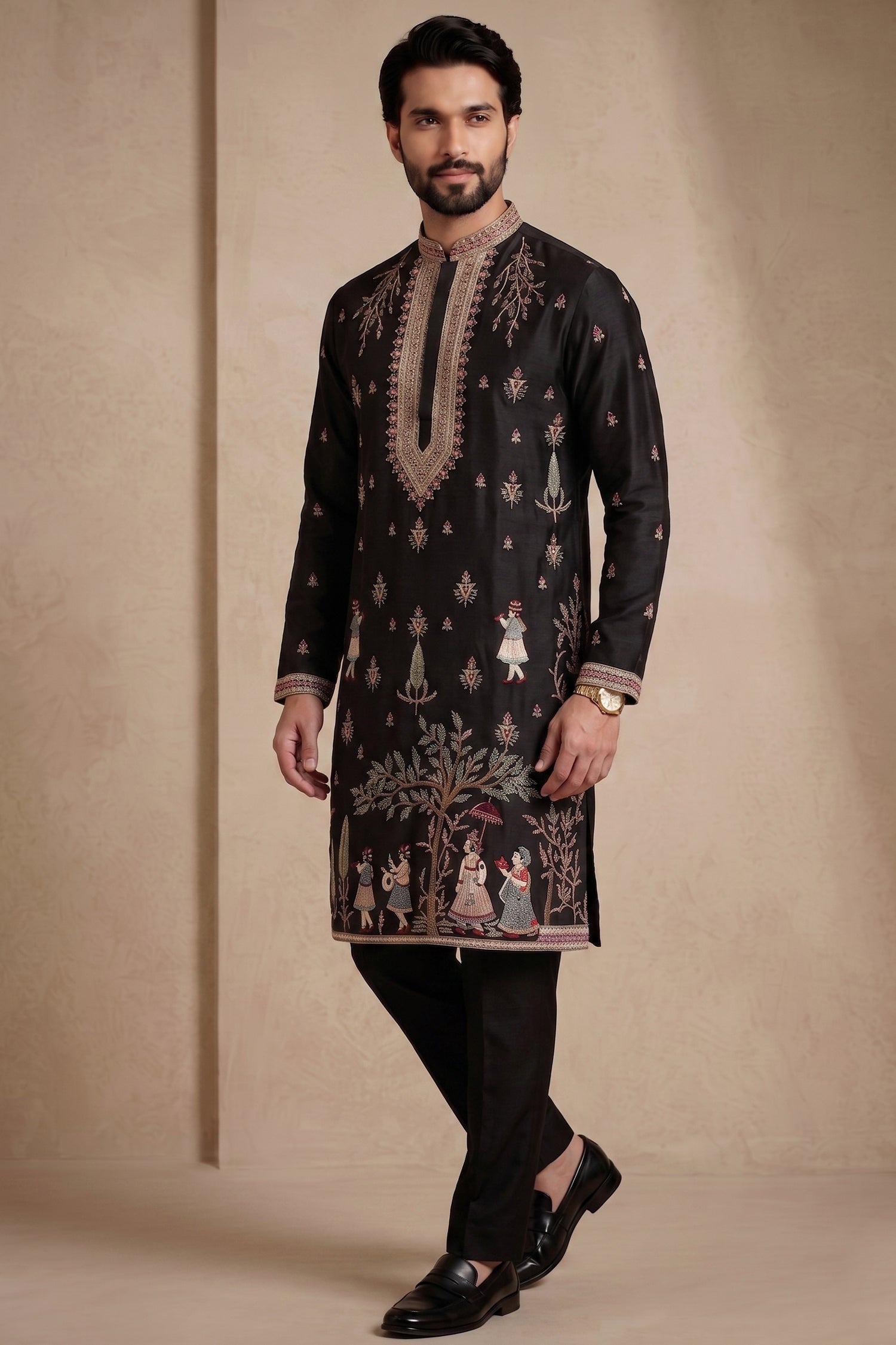 Black Satin Embroidered Kurta Pajama