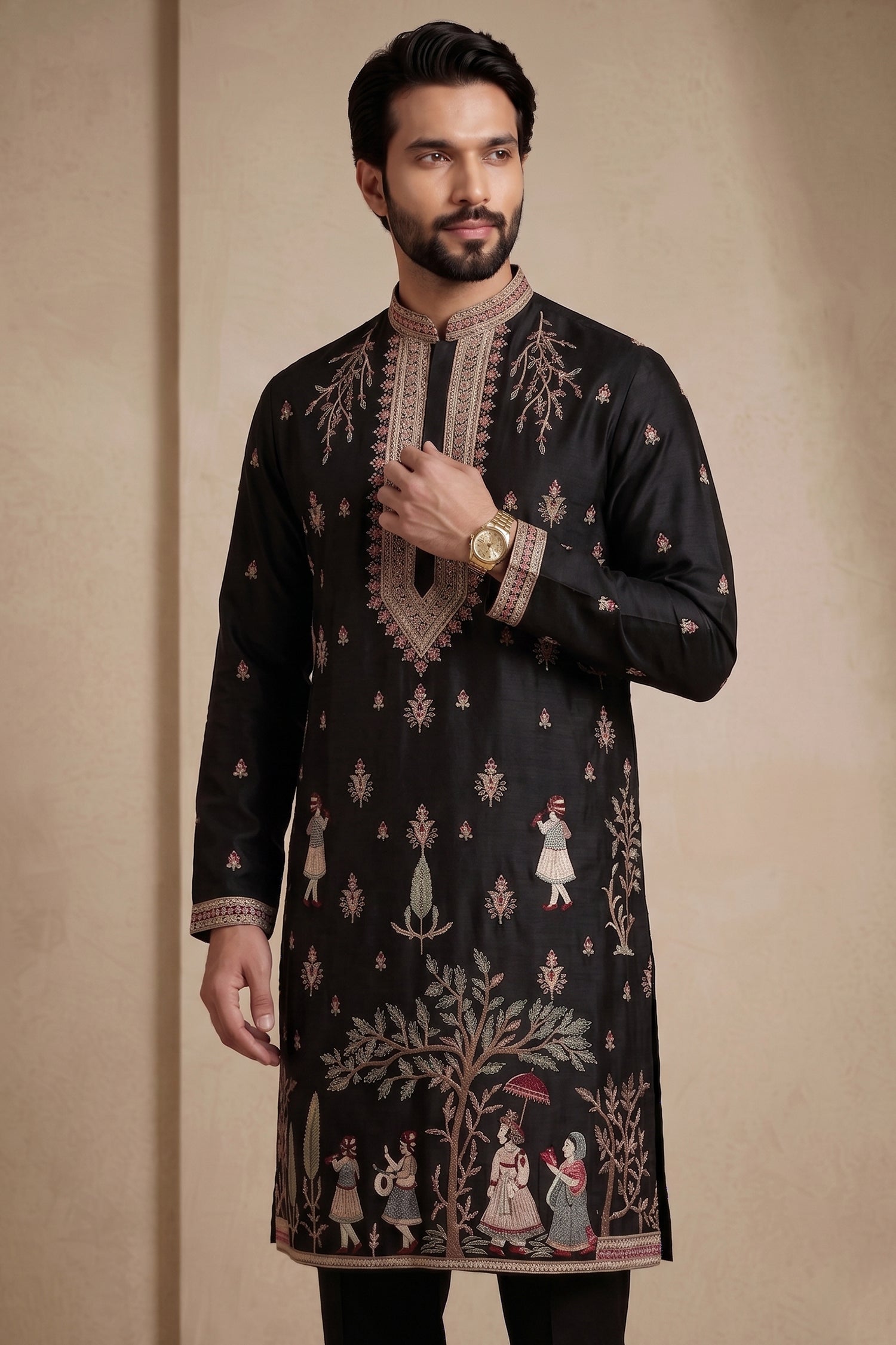 Black Satin Embroidered Kurta Pajama