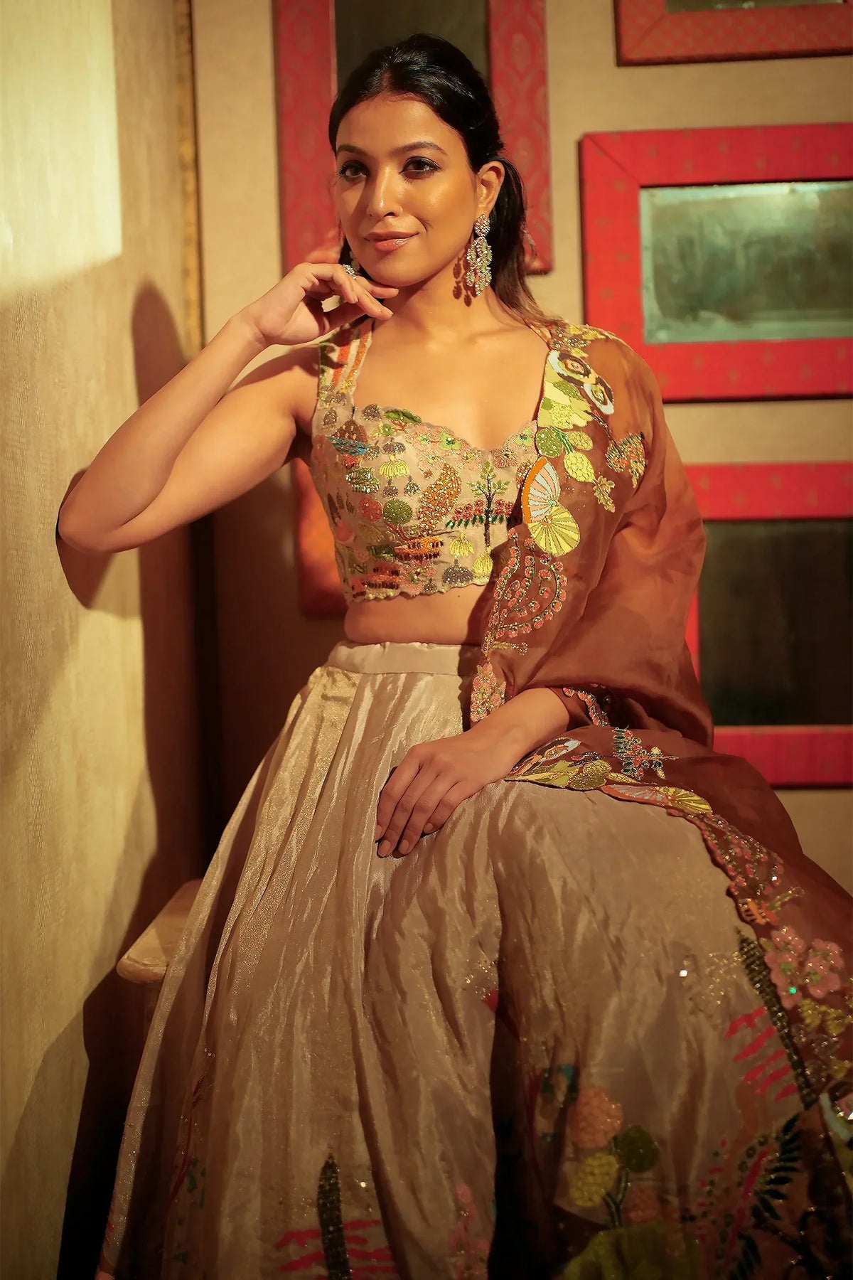 Beige and Mustard Lehenga with Embroidery and Cutdana Work in Silk