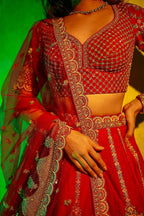 Red Raw Silk Heavy Bridal Lehenga with Peacock and Floral Motifs