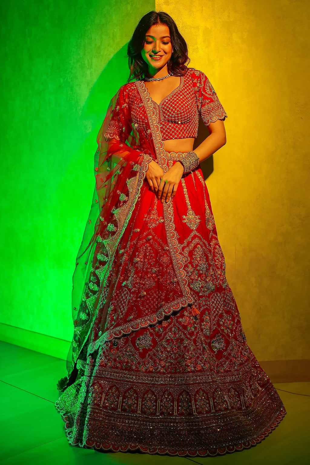 Red Raw Silk Heavy Bridal Lehenga with Peacock and Floral Motifs