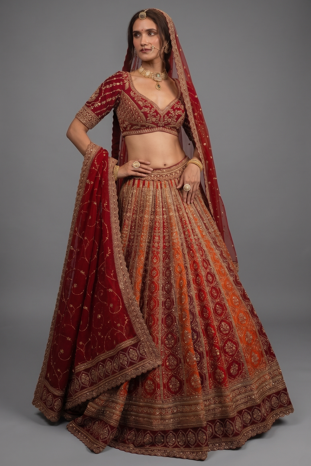 Multi Colored Raw Silk Heavy Bridal Lehenga with Curved Sweet Heart Neck Blouse and Double Dupatta