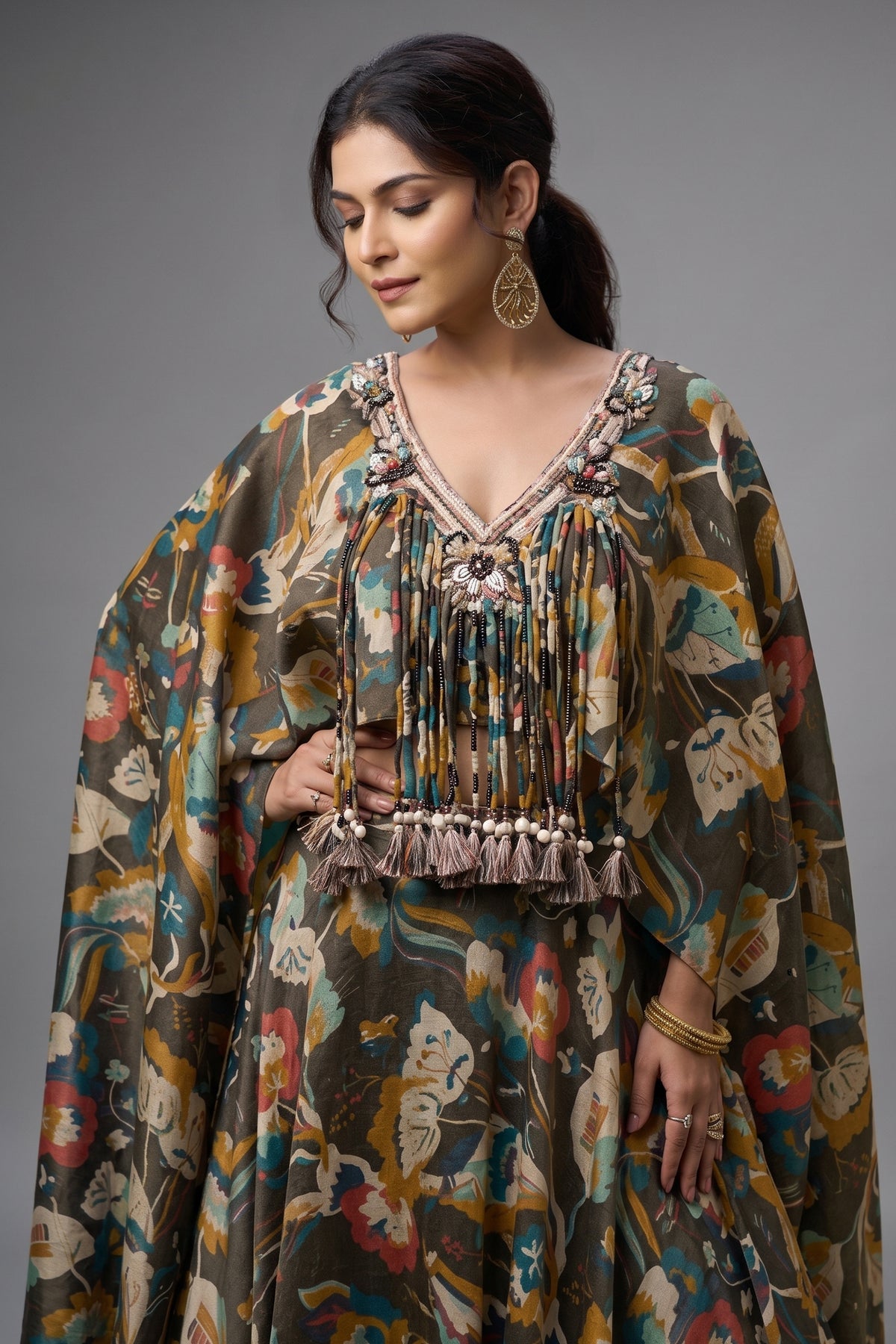 Olive Green Tissue Floral Printed Cape Sleeved Crop Top Lehenga Set - green saree
