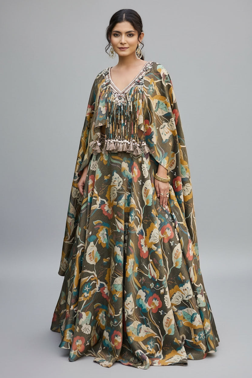 Olive Green Tissue Floral Printed Cape Sleeved Crop Top Lehenga Set - green saree