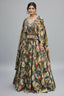 Olive Green Tissue Floral Printed Cape Sleeved Crop Top Lehenga Set - green saree