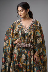 Olive Green Tissue Floral Printed Cape Sleeved Crop Top Lehenga Set