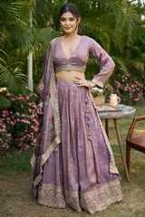 Lilac Purple Tissue Sequins Embroidered V Neck Lehenga