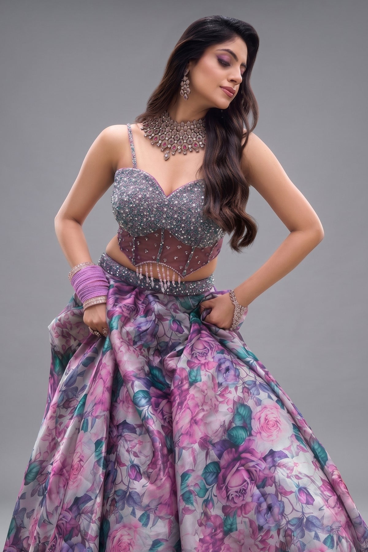 Mauve Organza Silk Floral Print Lehenga with Cutdana Sequin Corset with Cape Jacket - silk saree