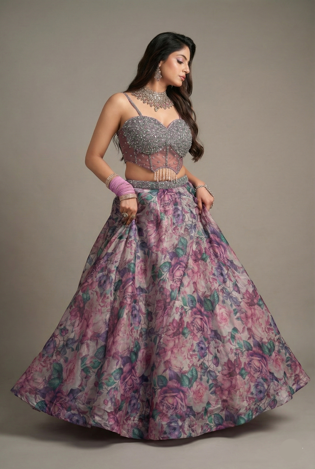 Mauve Organza Silk Floral Print Lehenga with Cutdana Sequin Corset with Cape Jacket - silk saree