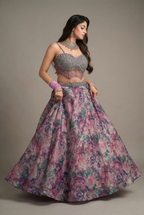 Mauve Organza Silk Floral Print Lehenga with Cutdana Sequin Corset with Cape Jacket - silk saree
