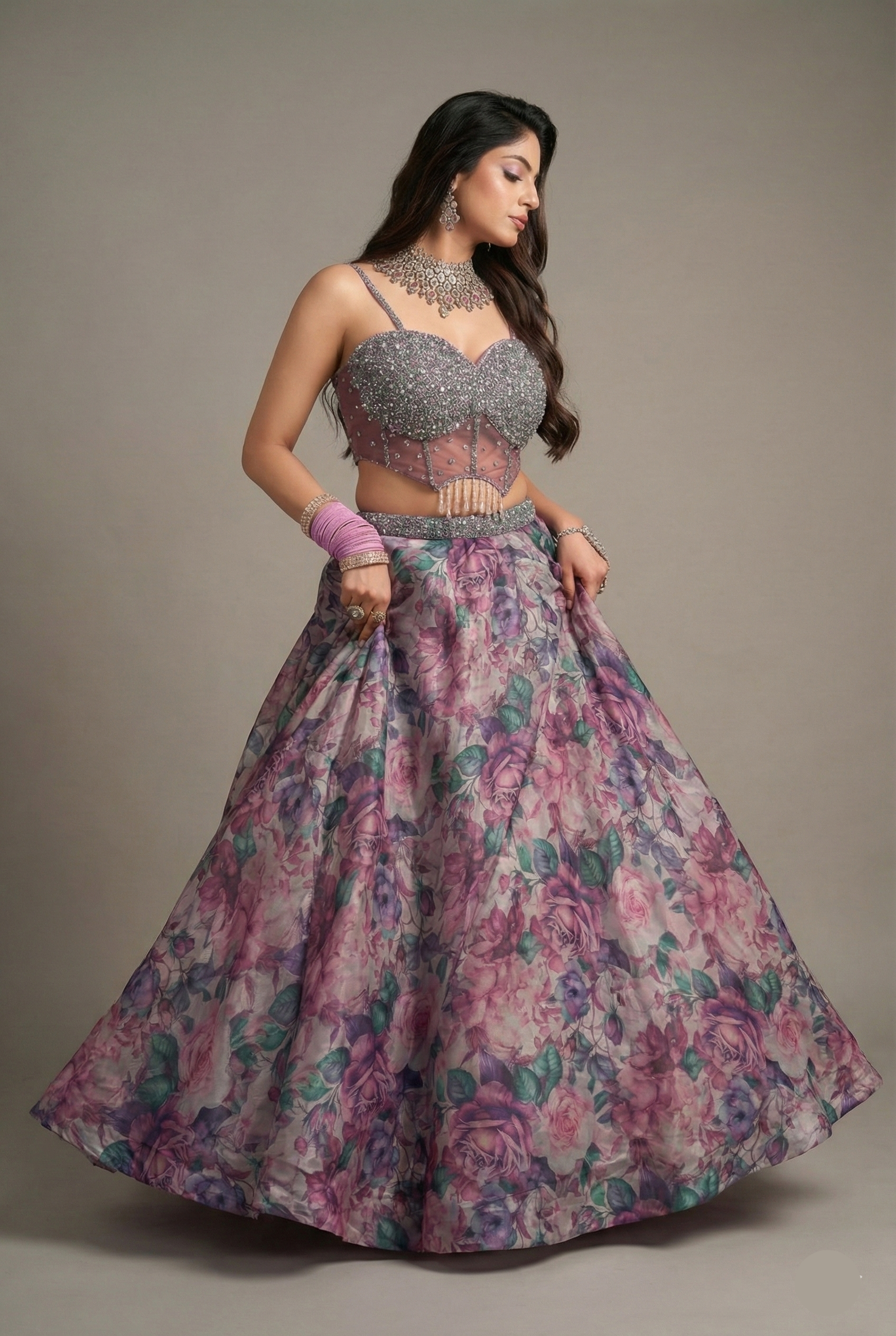 Mauve Organza Silk Floral Print Lehenga with Cutdana Sequin Corset with Cape Jacket - silk saree