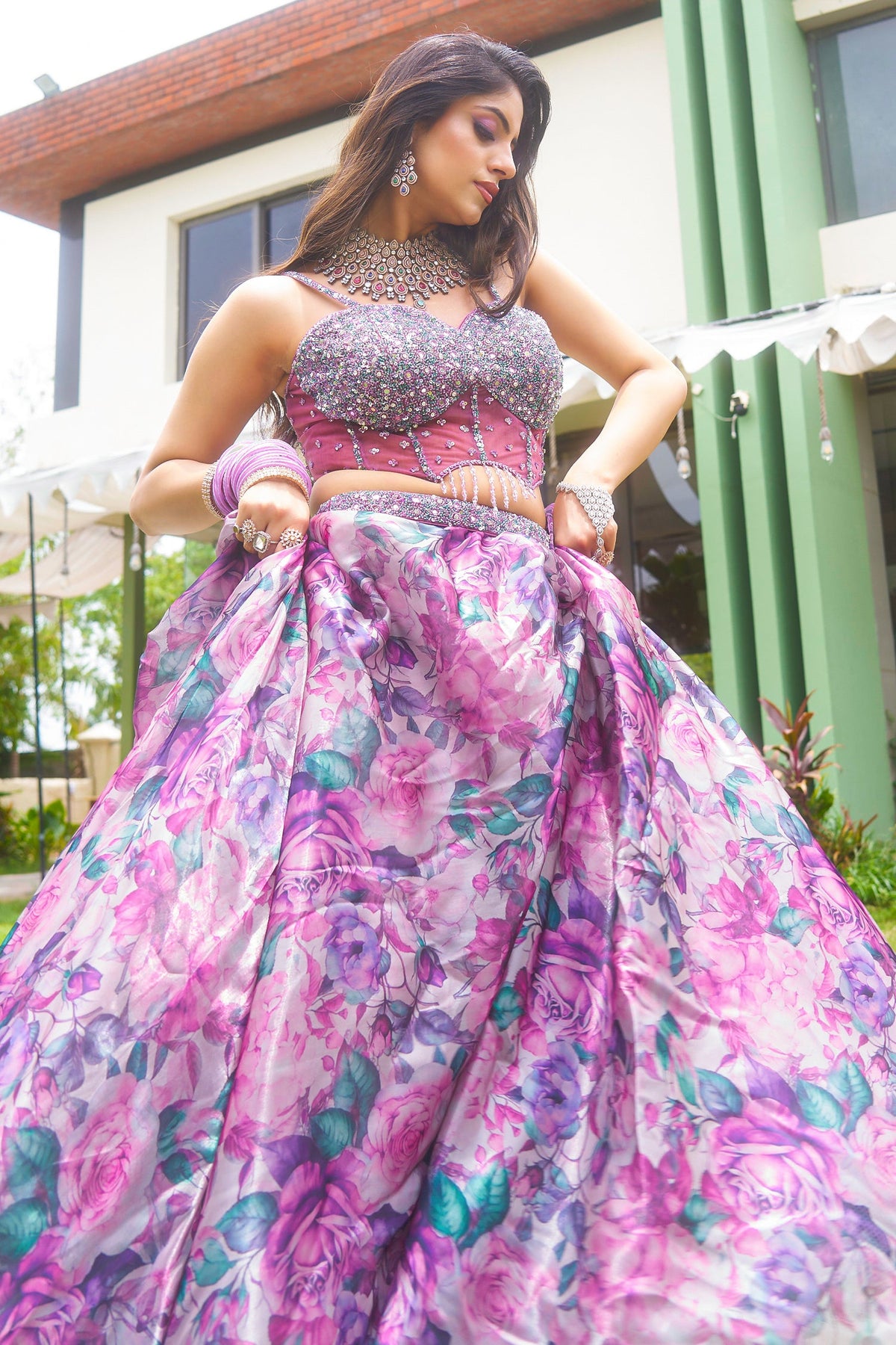 Mauve Organza Silk Floral Print Lehenga with Cutdana Sequin Corset with Cape Jacket - silk saree