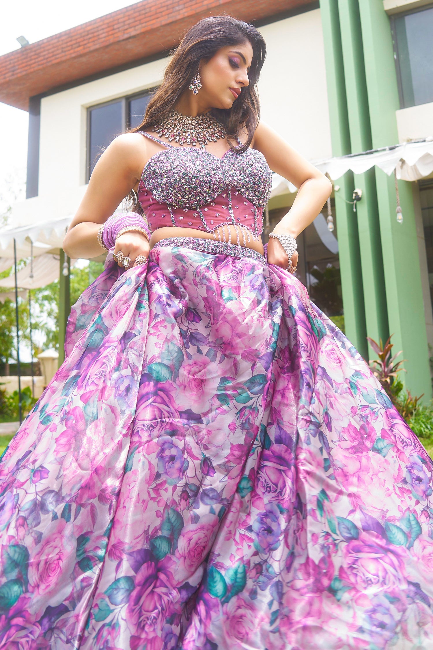 Mauve Organza Silk Floral Print Lehenga with Cutdana Sequin Corset with Cape Jacket - silk saree
