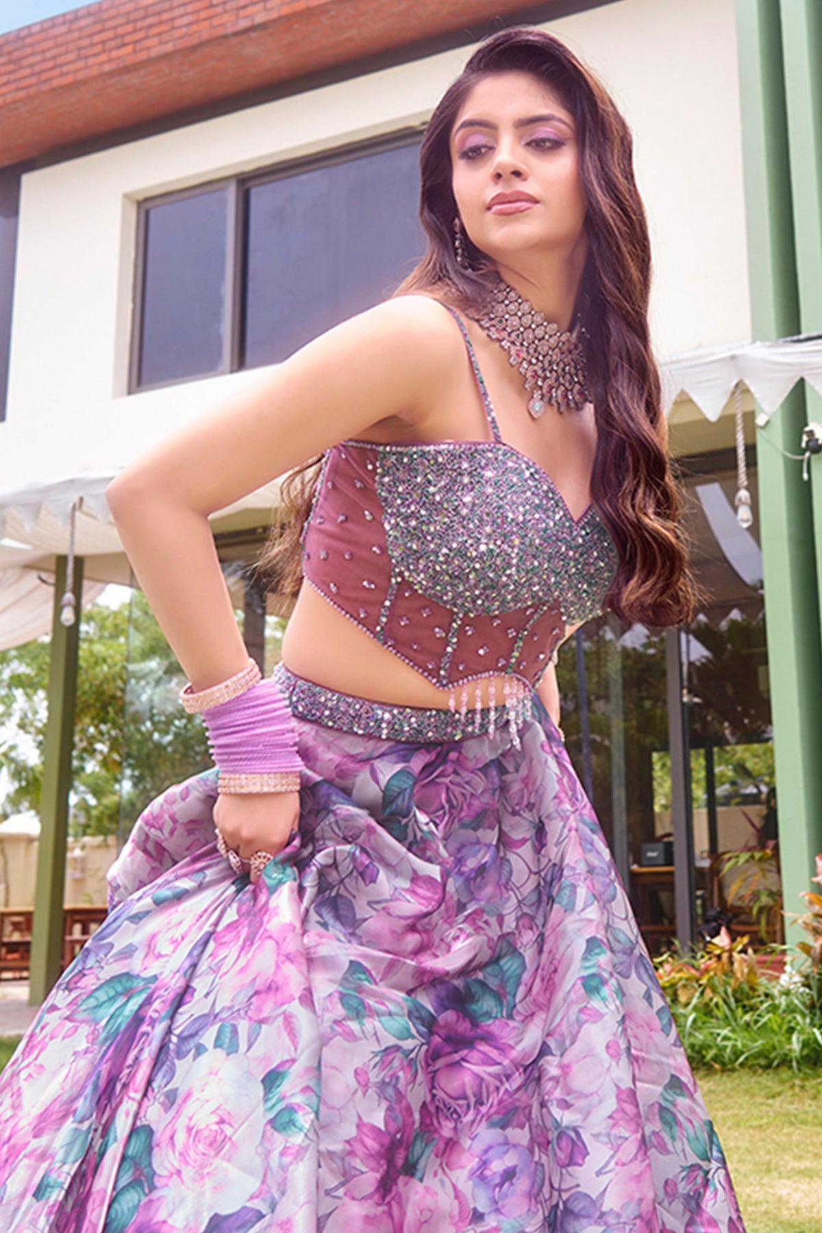 Mauve Organza Silk Floral Print Lehenga with Cutdana Sequin Corset with Cape Jacket - silk saree