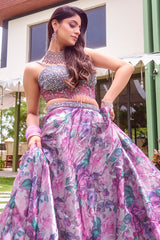 Mauve Organza Silk Floral Print Lehenga with Cutdana Sequin Corset with Cape Jacket