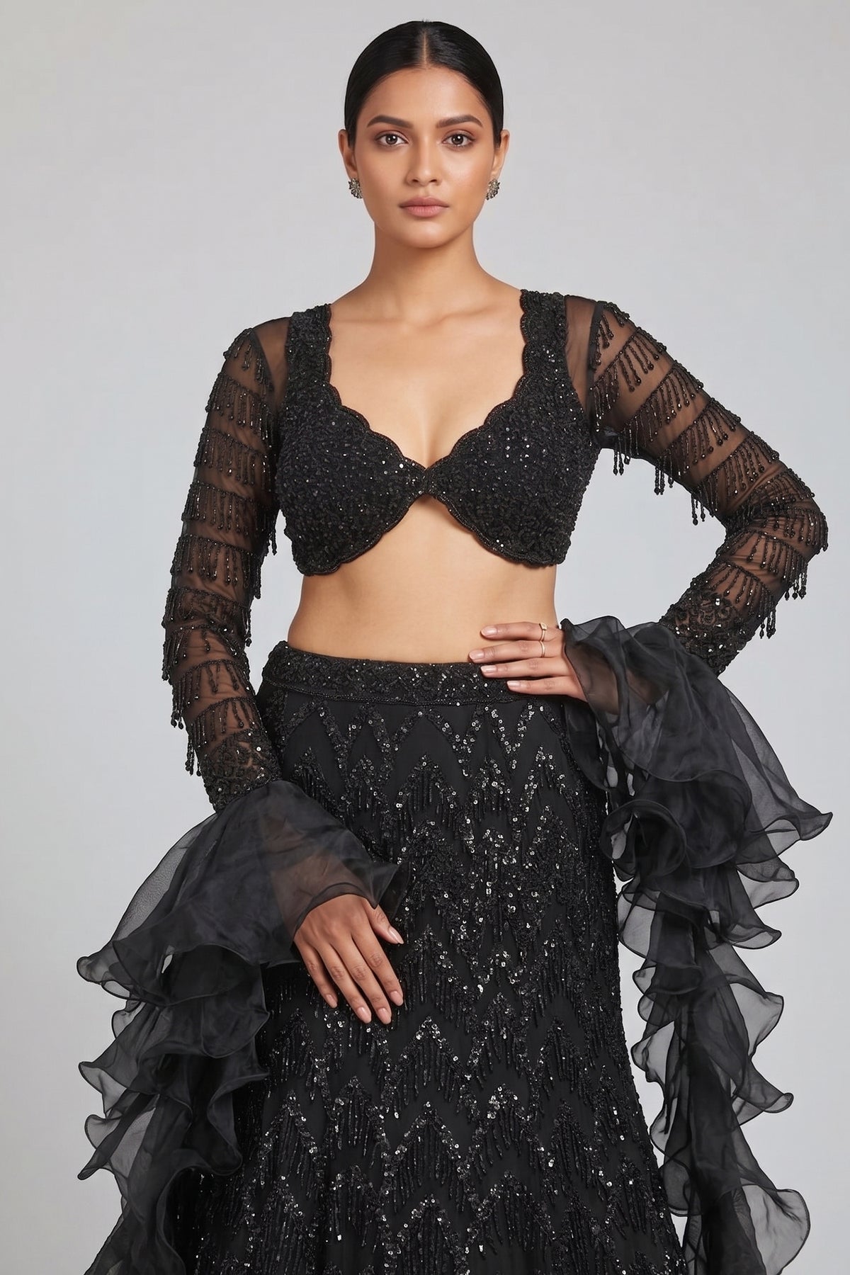 Black Net Sequin Beaded Fish Cut Lehenga with Deep Scallop Neckline Blouse - black net saree