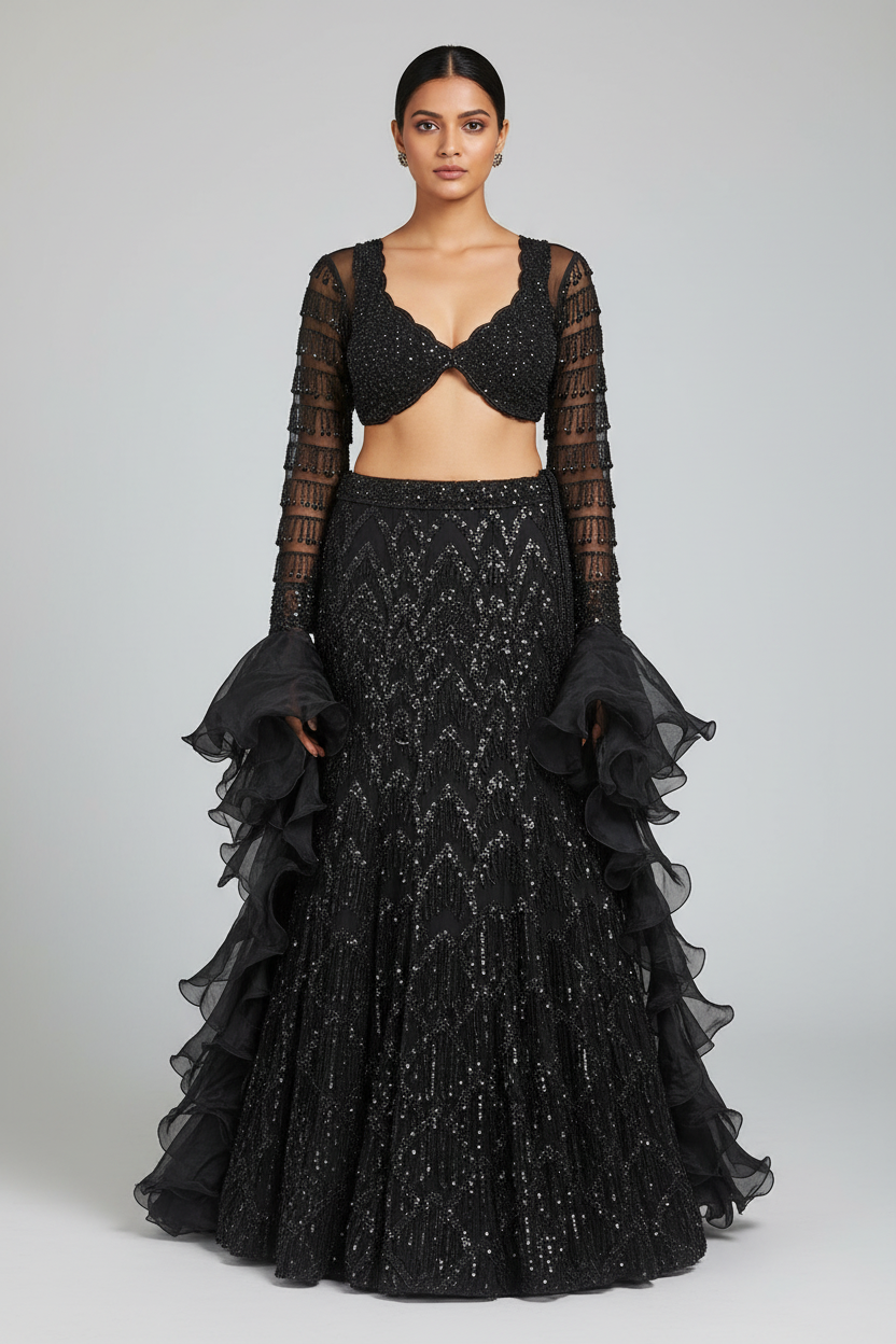 Black Net Sequin Beaded Fish Cut Lehenga with Deep Scallop Neckline Blouse - black net saree