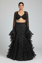 Black Net Sequin Beaded Fish Cut Lehenga with Deep Scallop Neckline Blouse - black net saree
