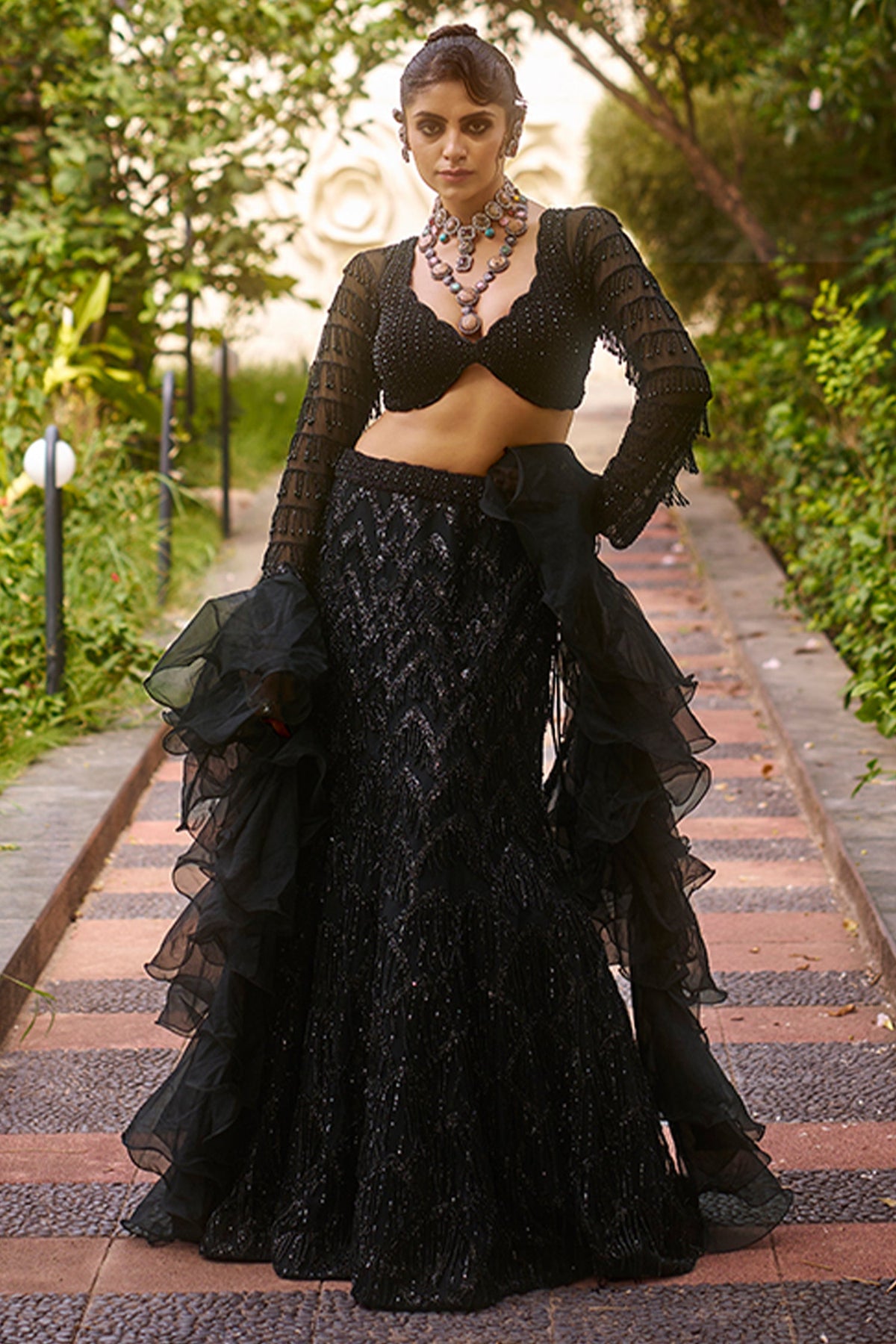Black Net Sequin Beaded Fish Cut Lehenga with Deep Scallop Neckline Blouse - black net saree