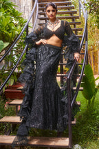 Black Net Sequin Beaded Fish Cut Lehenga with Deep Scallop Neckline Blouse - black net saree