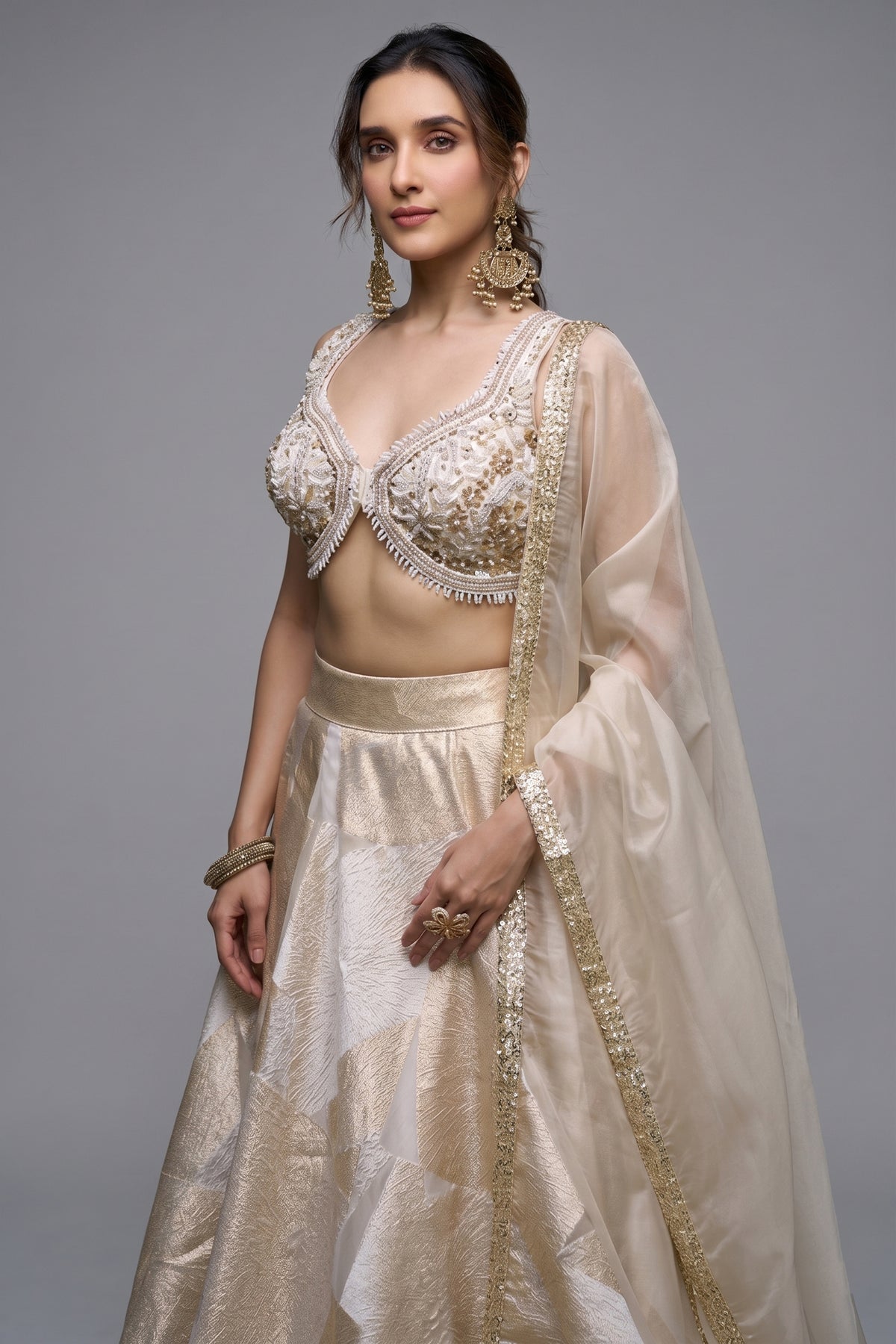 Off White and Golden Orgazna Lehenga with Embellished Beaded Blouse - gold saree