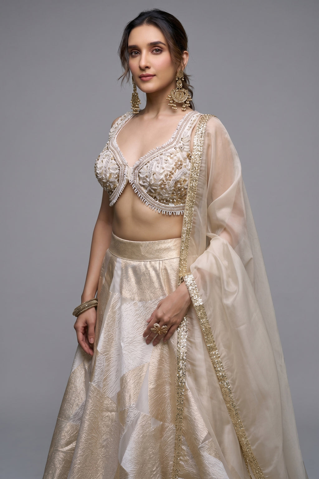 Off White and Golden Orgazna Lehenga with Embellished Beaded Blouse - gold saree