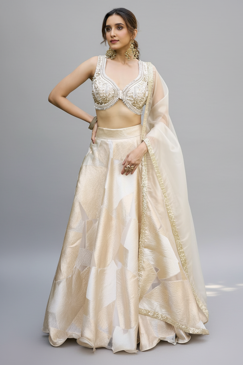 Off White and Golden Orgazna Lehenga with Embellished Beaded Blouse - gold saree Main image