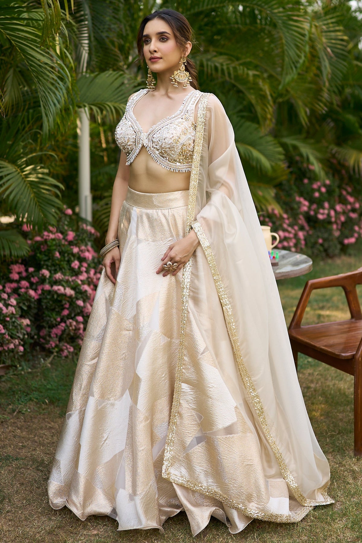 Off White and Golden Orgazna Lehenga with Embellished Beaded Blouse - gold saree