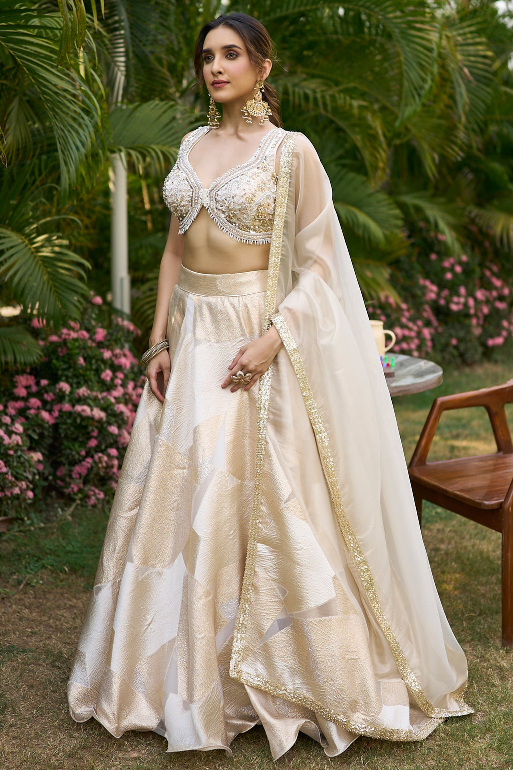 Off White and Golden Orgazna Lehenga with Embellished Beaded Blouse - gold saree