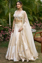 Off White and Golden Orgazna Lehenga with Embellished Beaded Blouse - gold saree