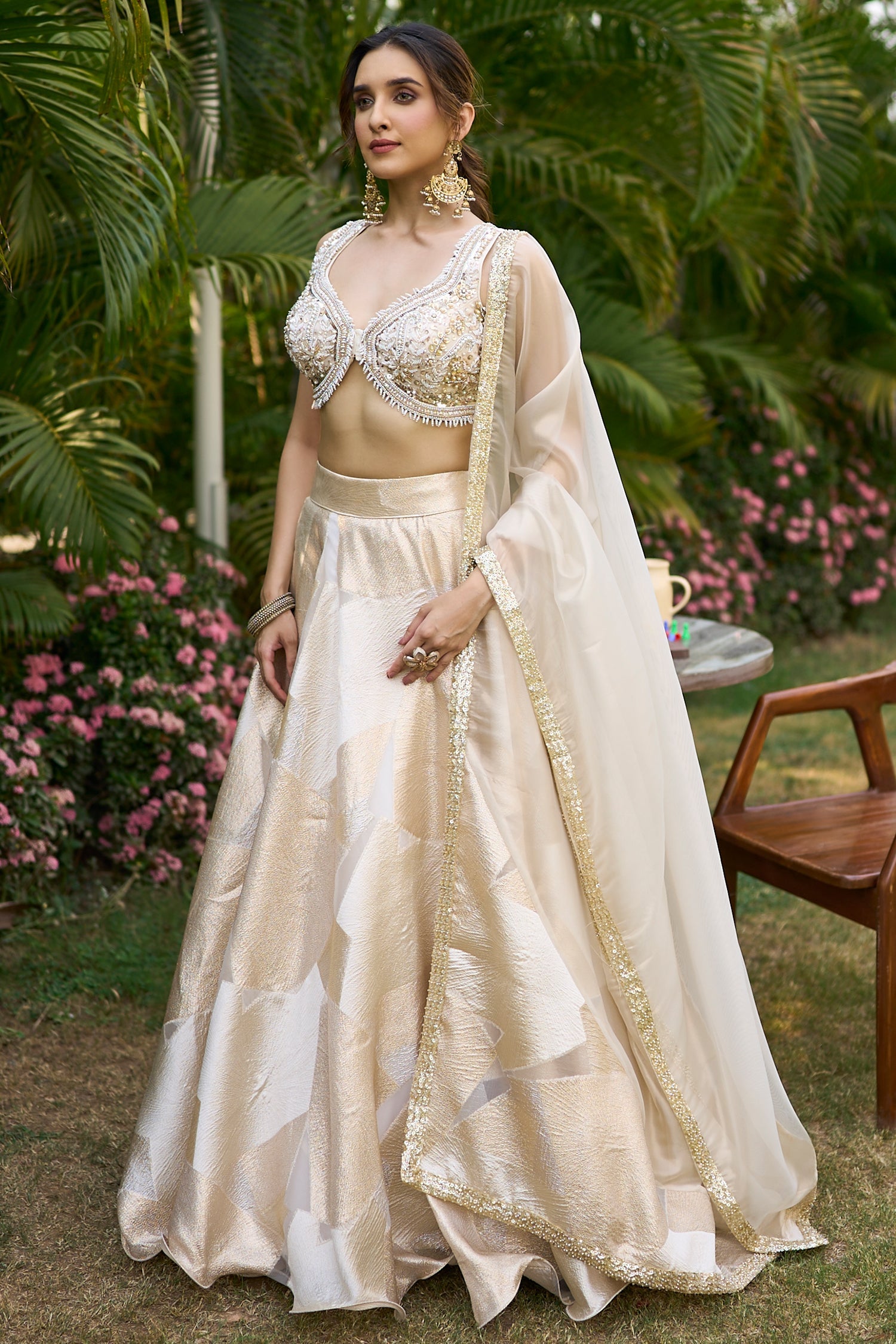 Off White and Golden Orgazna Lehenga with Embellished Beaded Blouse - gold saree