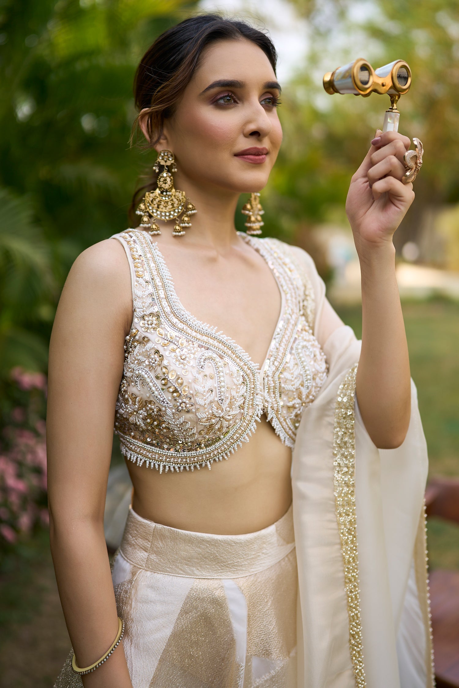 Off White and Golden Orgazna Lehenga with Embellished Beaded Blouse
